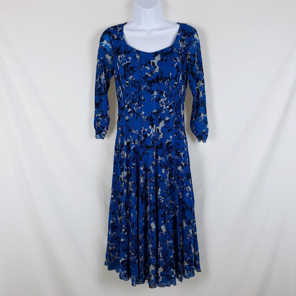 Coldwater Creek Flowy Mesh Midi Dress Womens XS Sheer Sleeves Blue Church Dressy